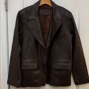 NOORA One-Button Leather Blazer Jacket Brown Sz L Lined Pockets